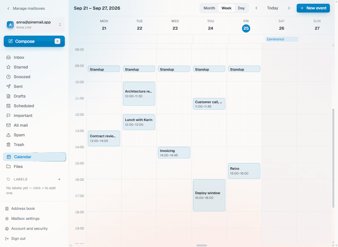 A week in the PineMail calendar with meetings and an all-day event