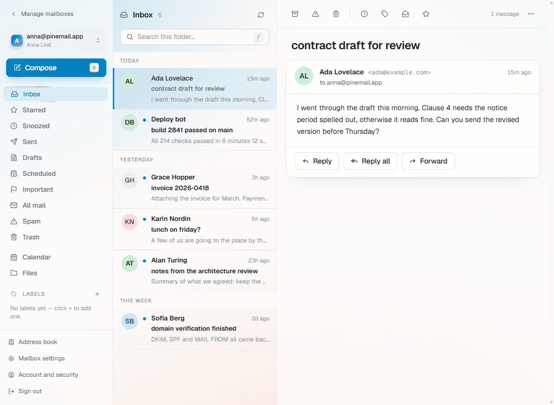 The PineMail inbox with a thread open in the reading pane