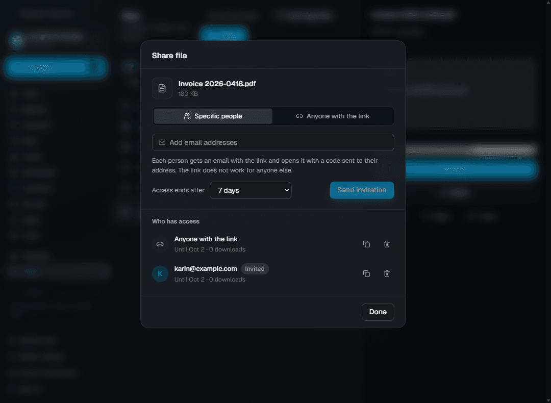 Sharing a file from the PineMail file cabinet with an invited person and a link